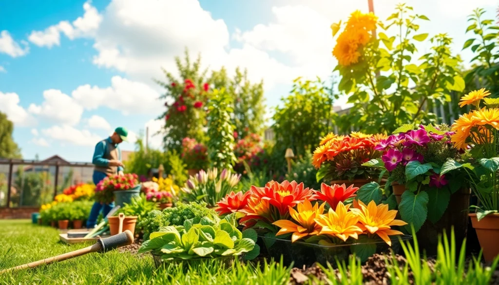 Enjoy Gardening in a vibrant backyard, featuring lush plants and a dedicated gardener.