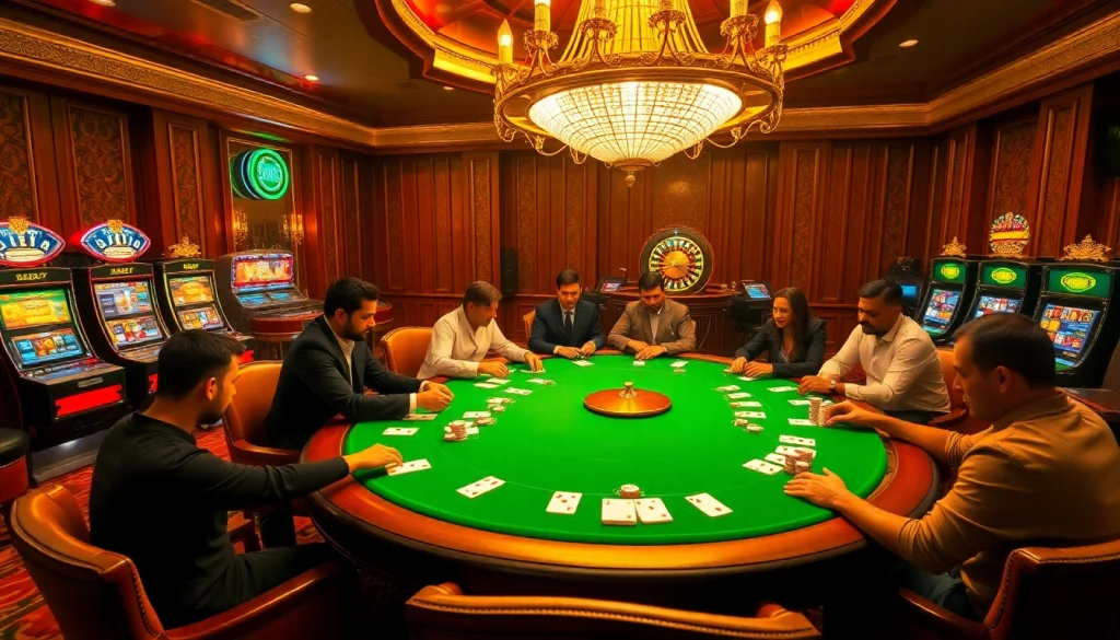 Players enjoying an exciting game of poker at f8bet's luxurious casino table.