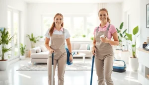 Cleaning service professionals demonstrating cleanliness in a bright, organized home environment.