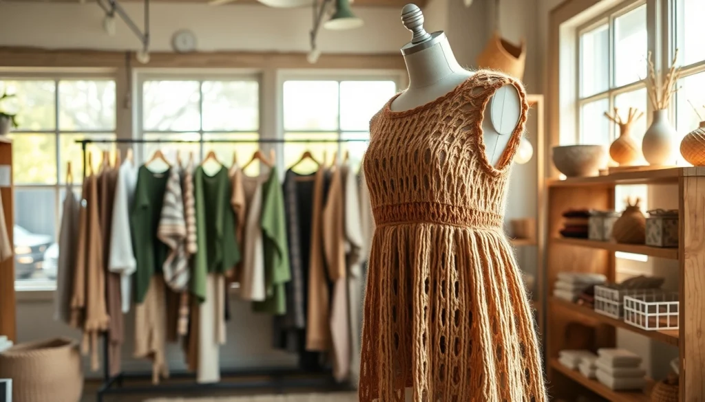 Showcase of handmade knitwear from https://www.ound-ound.com with textured garments in a boutique.