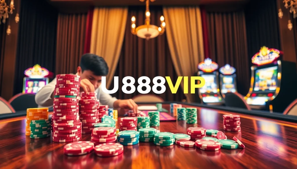 U888VIP chips stack on a stylish casino table with dealer shuffling cards.