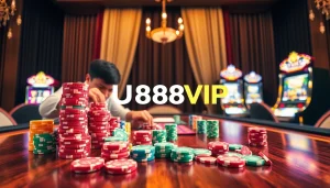 U888VIP chips stack on a stylish casino table with dealer shuffling cards.