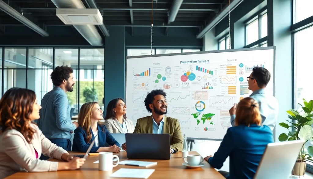 Business professionals collaborating in a modern office environment with team brainstorming.