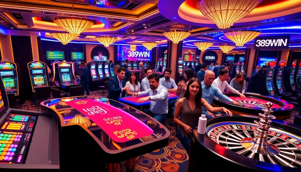 Engage in thrilling gameplay at 389WIN's vibrant casino with poker chips and slot machines.