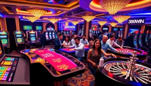 Engage in thrilling gameplay at 389WIN's vibrant casino with poker chips and slot machines.