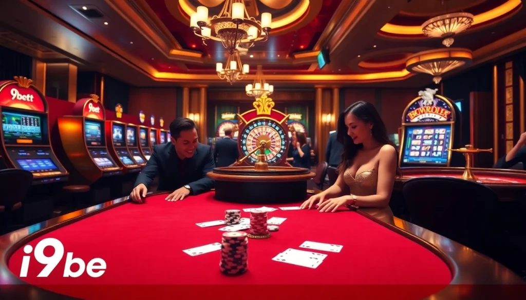 i9bet casino scene with vibrant slot machines, poker chips, and gaming tables shining brightly