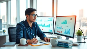 Analyze SEO strategies with a digital marketing expert in a professional office environment.