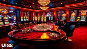 Exciting poker game at UU88 casino with vibrant chips and action-packed atmosphere.