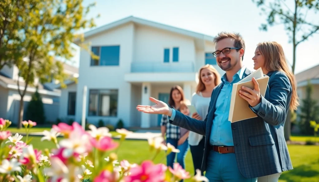Engaging real estate agent presenting a beautiful home to a family, showcasing properties.