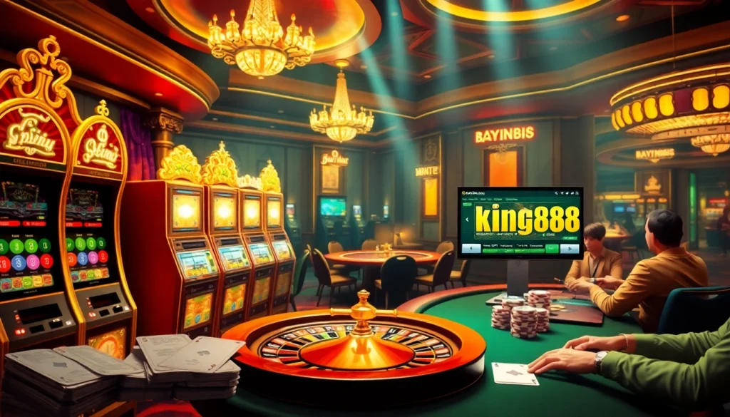 Experience thrilling betting action with game king88 at a luxurious casino, featuring vibrant slot machines and roulette.