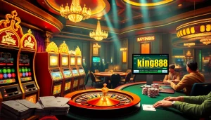 Experience thrilling betting action with game king88 at a luxurious casino, featuring vibrant slot machines and roulette.