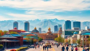 Experience the vibrant skyline of Almaty, Kazakhstan, featured on https://albmaftoh.com with mountains and modern architecture.