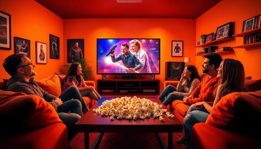 Friends enjoying a movie night filled with laughter and popcorn while watching films