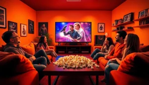 Friends enjoying a movie night filled with laughter and popcorn while watching films