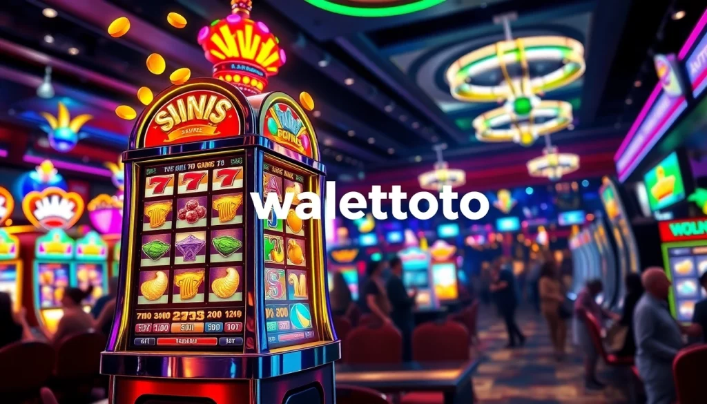 Menyajikan keseruan permainan slot walettoto dengan lampu warna-warni dan suasana kasino.
