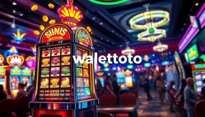 Menyajikan keseruan permainan slot walettoto dengan lampu warna-warni dan suasana kasino.