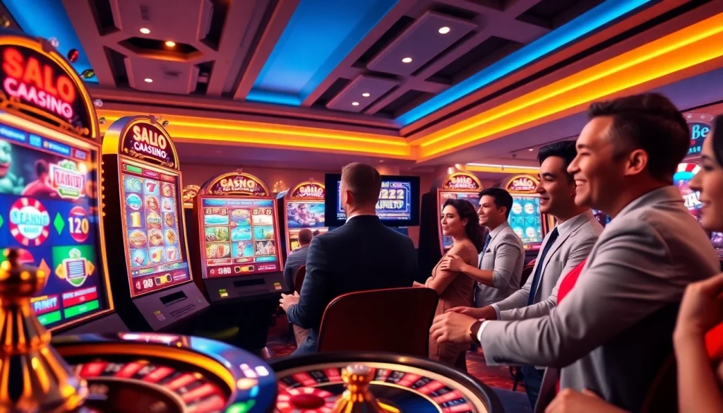 Engaged players enjoying online 슬롯 with vibrant themes in a luxurious casino atmosphere.