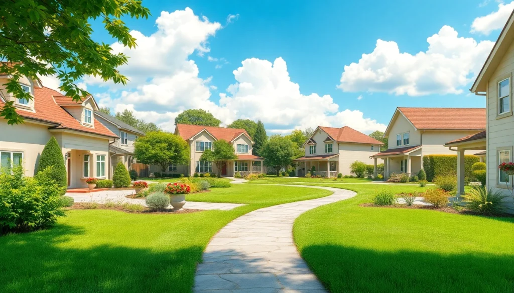 Explore Real Estate listings in a vibrant suburban neighborhood with inviting homes and greenery.
