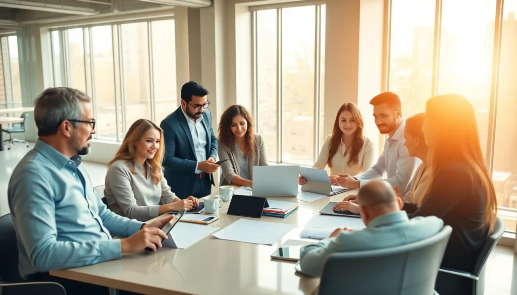 Business professionals engaging in a collaborative meeting in a modern office.