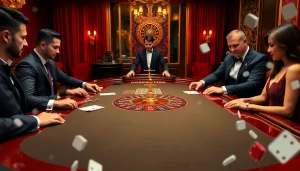 Engaging players at a luxurious poker table in a vibrant casino scene featuring salad6688 gaming elements.