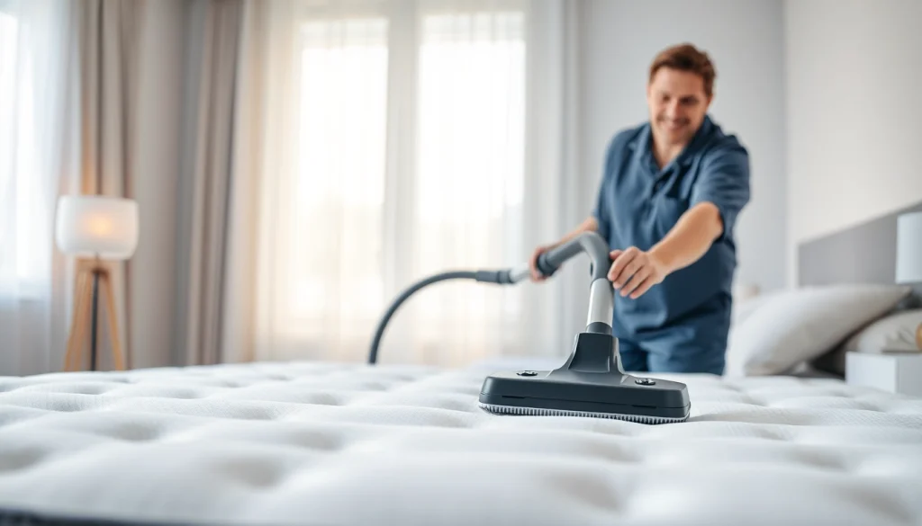 Enhance your sleep with mattress cleaning Dubai, showcasing a technician cleaning a mattress in a bright bedroom.