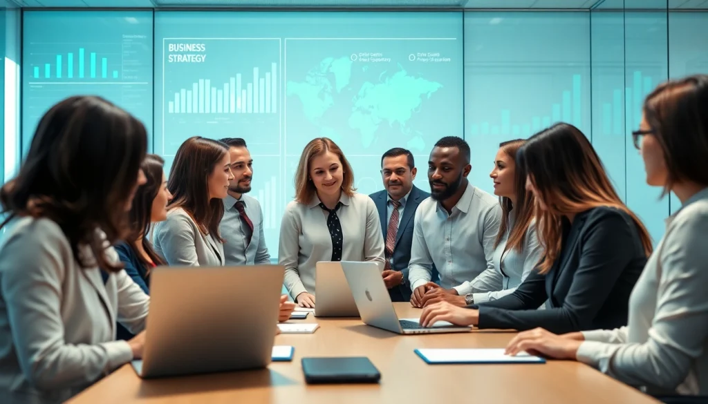 Business team brainstorming strategies in a modern office environment.