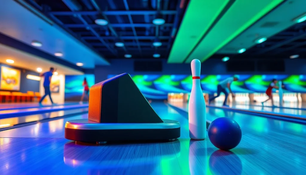 String bowling manufacturer showcasing the EV99 machine in a vibrant bowling alley, emphasizing innovative technology and modern design.