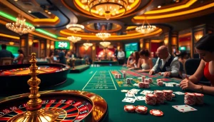 Experience the excitement of Trang Chủ Jun88 with a vibrant casino scene showcasing thrilling games and luxury.