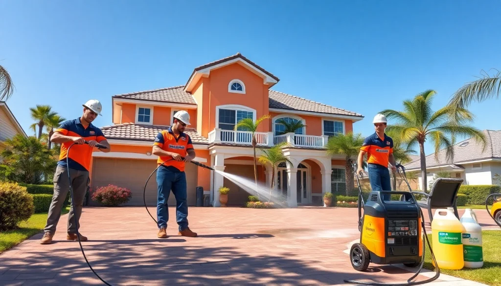 Pressure wash crew revitalizing a home's exterior in Kissimmee, FL, showcasing professional cleaning techniques.