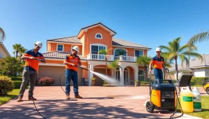 Pressure wash crew revitalizing a home's exterior in Kissimmee, FL, showcasing professional cleaning techniques.