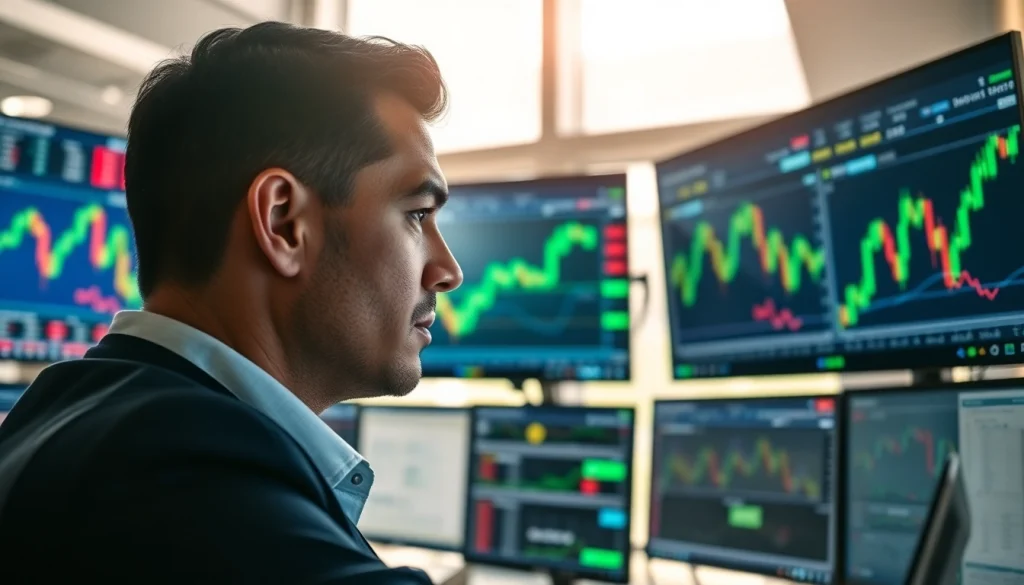 Engaged trader analyzing market data on hotforex mt4 platform in a modern office setting.