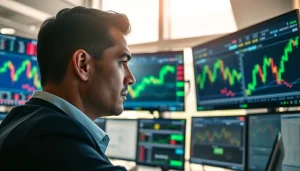 Engaged trader analyzing market data on hotforex mt4 platform in a modern office setting.