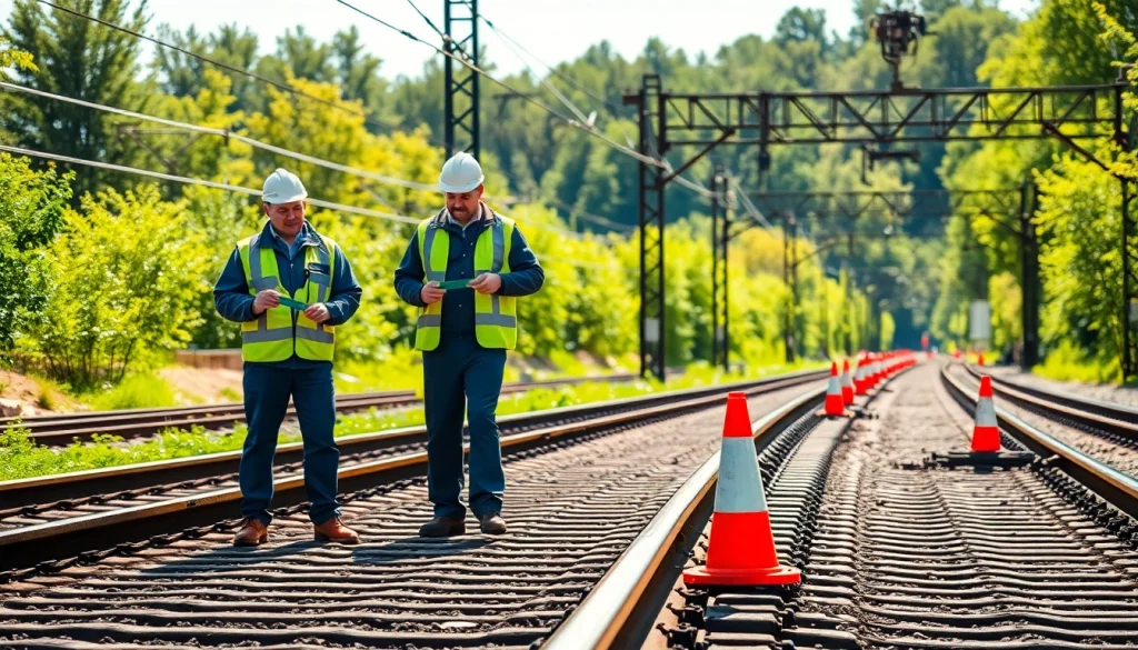 Track Inspectors Near Me evaluating railway tracks in a vibrant setting for safety and efficiency.