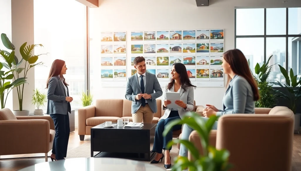 Real Estate agents engaging with clients in a vibrant modern office setting, showcasing housing opportunities.