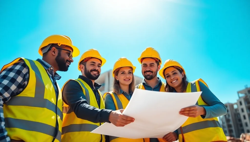Workers discuss plans for Careers in construction, depicting teamwork and vibrant industry progress.