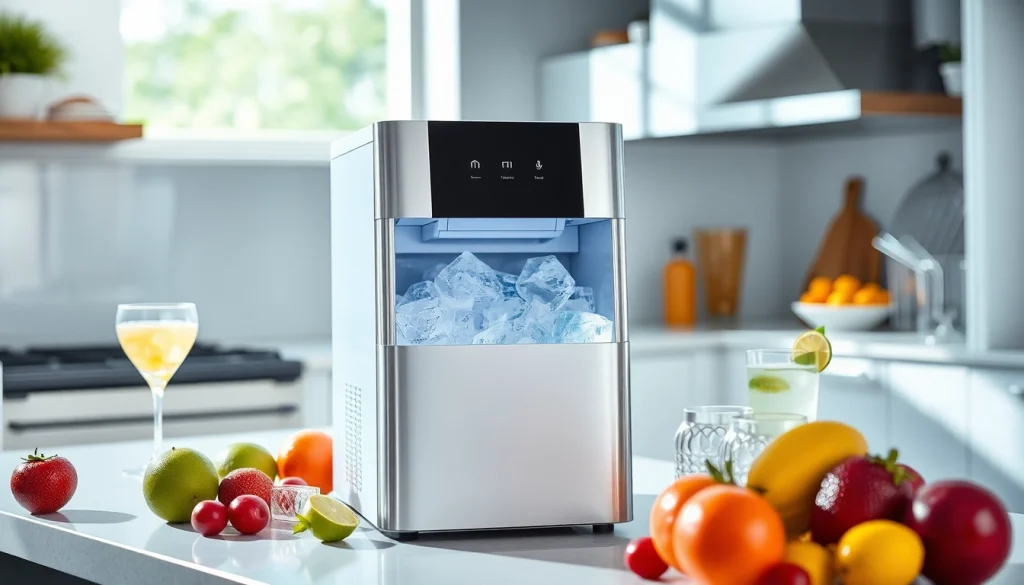 Showcasing an affordable ice maker amidst a stylish kitchen setting, perfect for gathering.