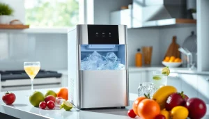 Showcasing an affordable ice maker amidst a stylish kitchen setting, perfect for gathering.