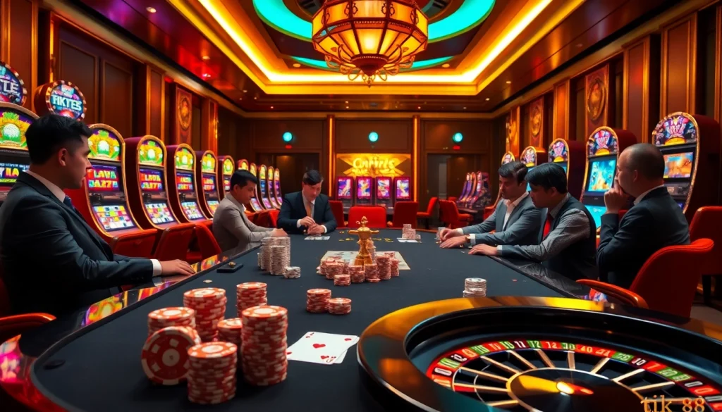 Trải nghiệm cảm giác hồi hộp cùng tik 88 với các người chơi poker chuyên nghiệp tại bàn casino sang trọng.