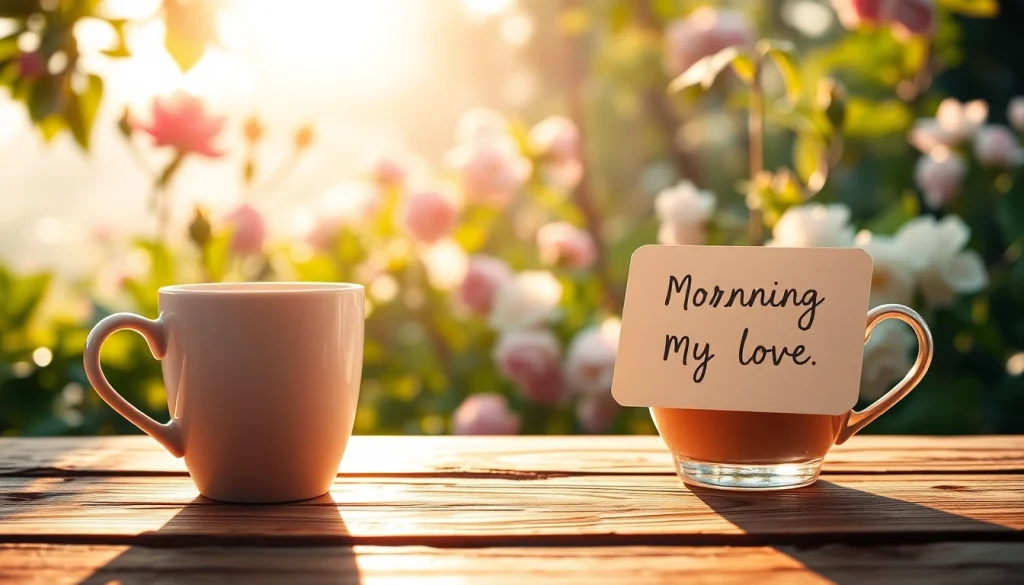 Share a heartfelt good morning message for her with a romantic sunrise and coffee.