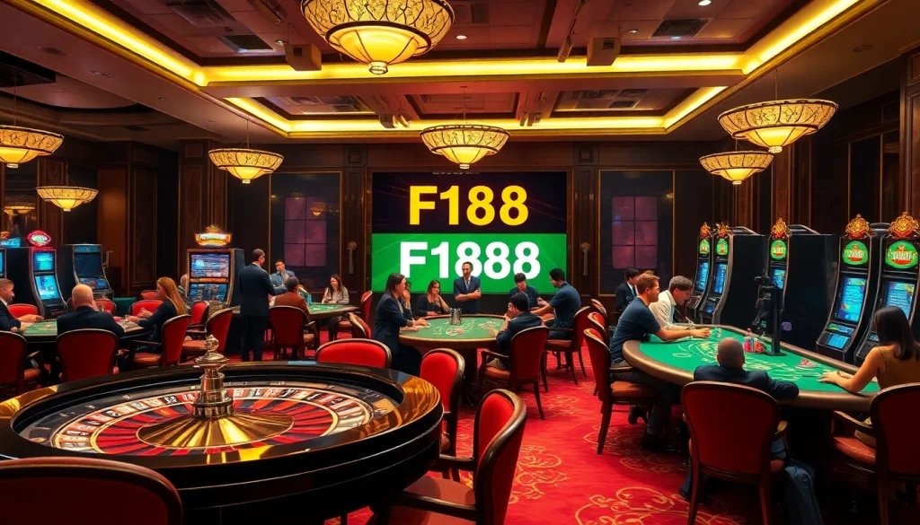 Players enjoying high-stakes games at F168 casino, showcasing roulette and poker tables.