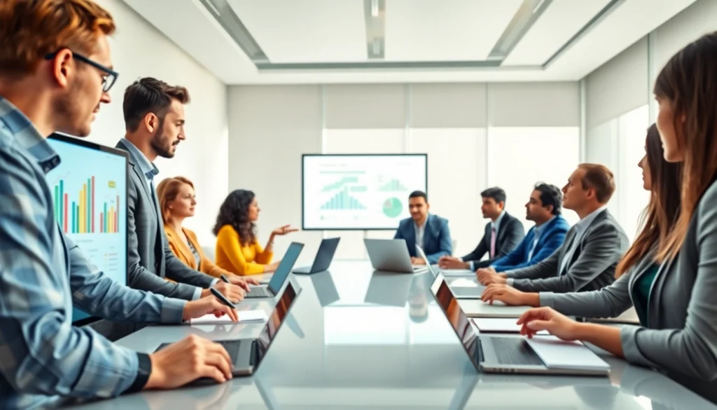 Analyze competitive intelligence during a professional business meeting in a modern setting.