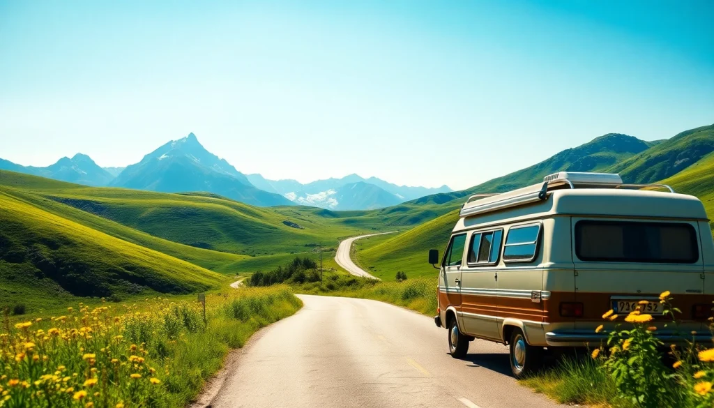 Experience adventure travel with the vintage camper van featured on https://fernweh-abenteuer.de amidst a breathtaking landscape.