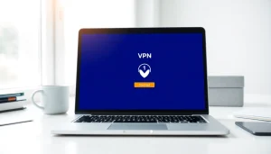 Download free VPN options on a laptop screen, illustrating a simple setup process.