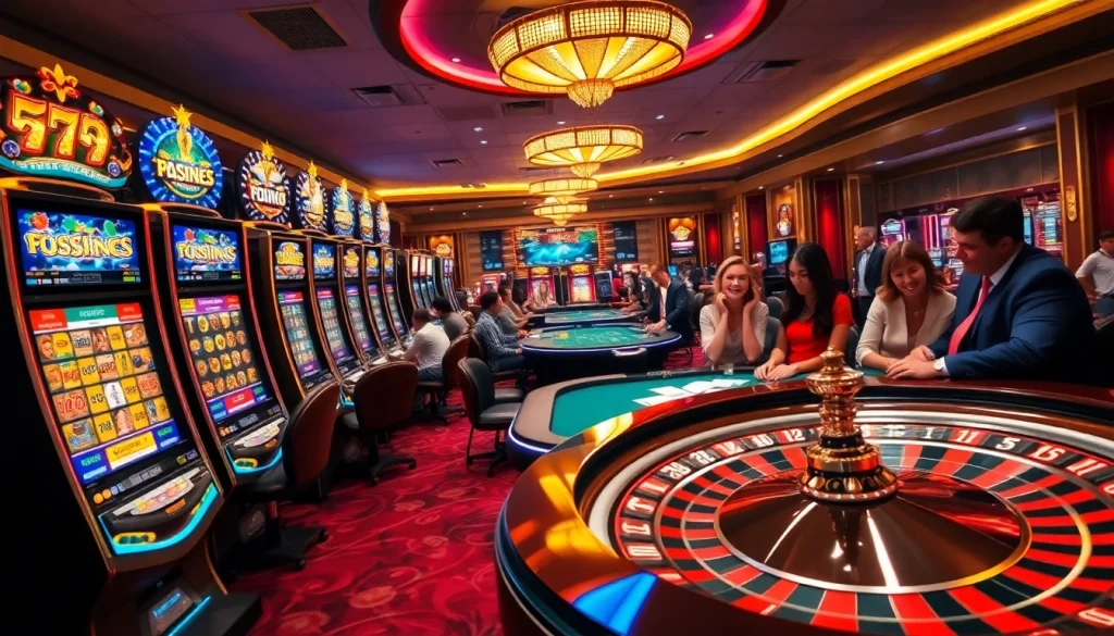 Gambling excitement at 67bet casino with vibrant slot machines and poker tables.