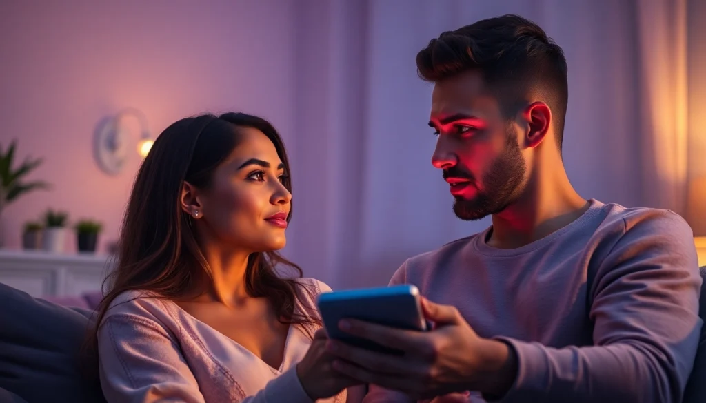 Couple exploring intimacy through sex AI chatbot interaction in a cozy, modern setting.