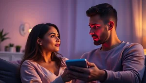 Couple exploring intimacy through sex AI chatbot interaction in a cozy, modern setting.