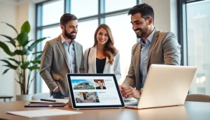 Highlighting a professional real estate agent discussing property options with clients in a bright office.