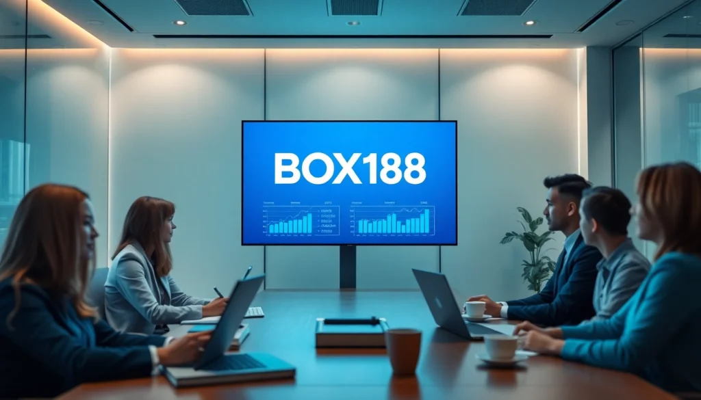 Professional team discussing financial insights with BOX138 branding.