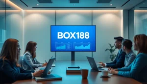 Professional team discussing financial insights with BOX138 branding.