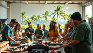 Students training at trade schools in Hawaii, collaborating in a vibrant workshop.